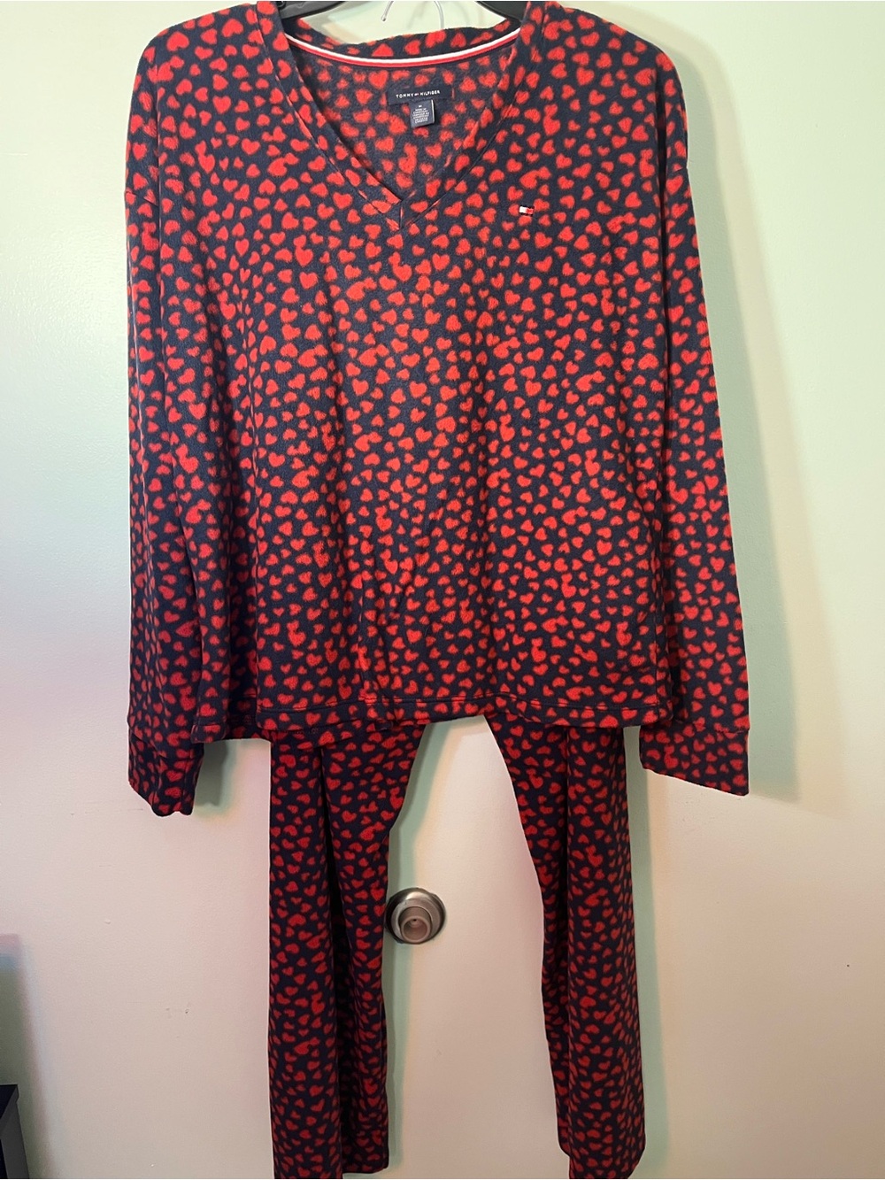 Tommy Hilfiger fleece Blue and Red Hearts Pajama Set M